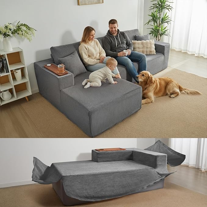 Modular Sectional Sofa Cloud Couch with Multi-Functional Armrests, Boneless Plush L-Shape Living Room Couch with Deep Seat, Fluffy Comfy Sleeper Sofa Easy Assembly (Gray, Right Chaise)