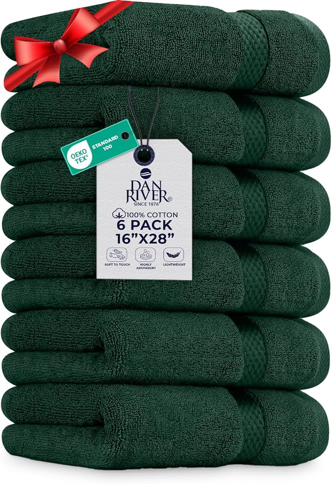 DAN RIVER 6-Pack Premium Hand Towels (16x28 Inches) - 100% Cotton, Ultra Soft, Lightweight, Highly Absorbent Towels for Bathroom, Spa, Gym, Salon, Hotel, and Travel - 550 GSM, Hunter Green
