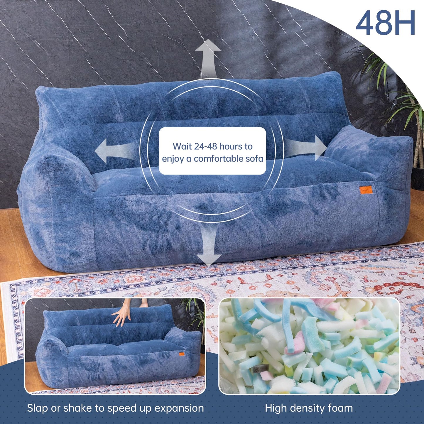Cvortll Big Bean Bag Chairs for Adults Oversized Beanbag Chair Lazy Sofa with Armrest Foam Filled Loveseat Sofa Floor Comfy Couch for Bedroom,Blue