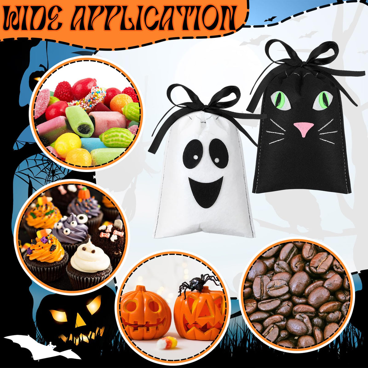 Sweetude 24 Pcs Halloween Felt Treat Bags 5 x 7'' Handmade Pumpkin Ghost Candy Goodie Gift Bags with Drawstrings Trick or Treat Halloween Party Favors Supplies