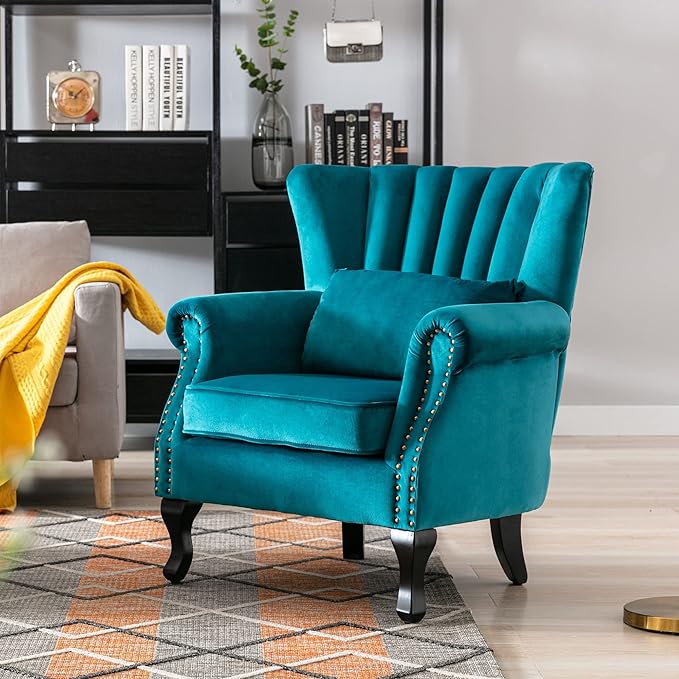 DM Furniture Mid Century Accent Chair Modern Tufted Wingback Armchairs Club Chair Velvet Single Sofa Lounge Chair with Pillow for Living Room, Teal Blue