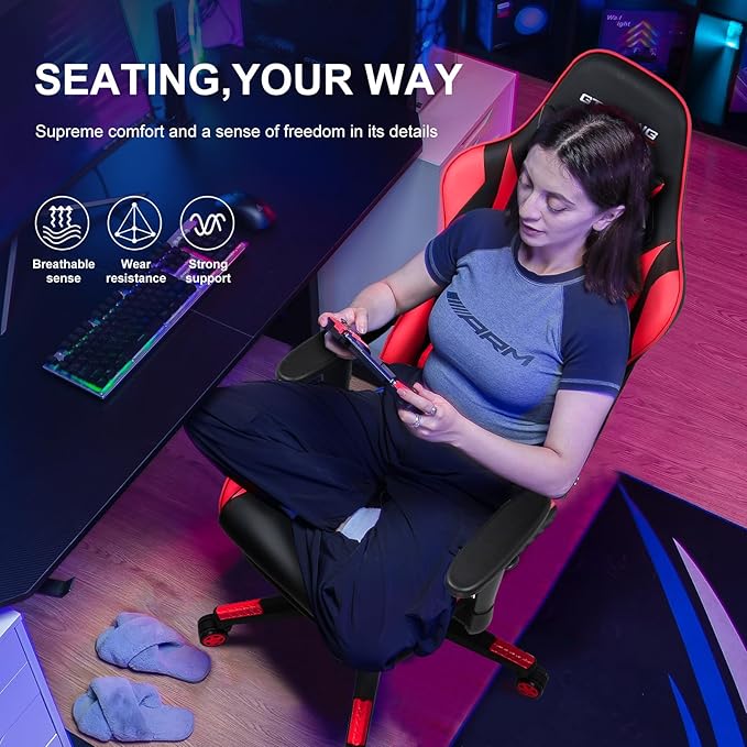 GTPLAYER Gaming Chair with Footrest, Ergonomic Computer Game Desk Chair, Reclining Game Chair Seat Height Adjustment, Swivel Rocker with Headrest and Lumbar (Red)