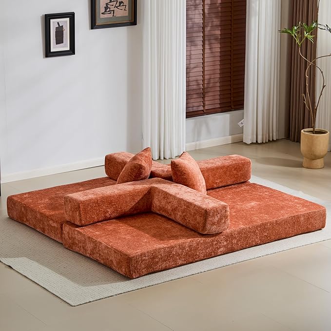 Convertible Couch Sofa Bed Foldable Floor Sleeper | Modern Fold Out Couch | Removable Backrest & Armrests | No Assembly Compression Sofa Sleeper for Living Room, Bedroom | Orange Chenille
