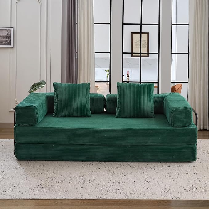 Convertible Couch Sofa Bed Foldable Floor Sleeper | Modern Fold Out Couch | Removable Backrest & Armrests | No Assembly Compression Sofa Sleeper for Living Room, Bedroom | Corduroy Fabric Green