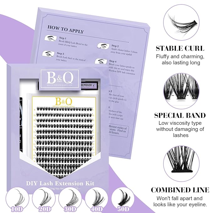 B&Q Lash Clusters Kit 280PCS Eyelash Clusters Kit,50D C 9-16MIX Individual Lash Comfortable Eyelash Extension Set, Classic Look with Bond and Seal Waterproof, Remover DIY at Home(Set,50D-C)