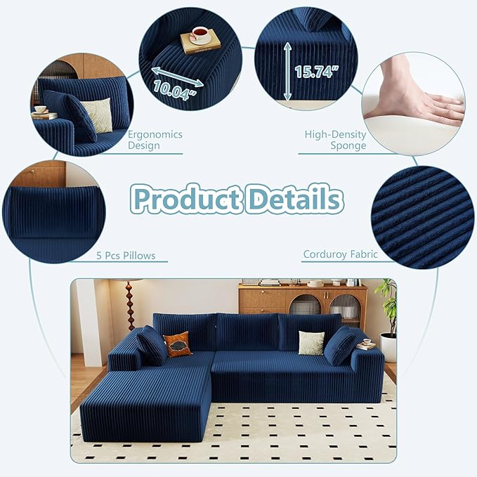96" Cloud Sectional Couch with L-Shape Chaise, Modern Corduroy Boneless Couch for Living Room,Memory Foam Sofa with Deep Seat,No Assembly Required (Blue,Left-Facing Chaise)