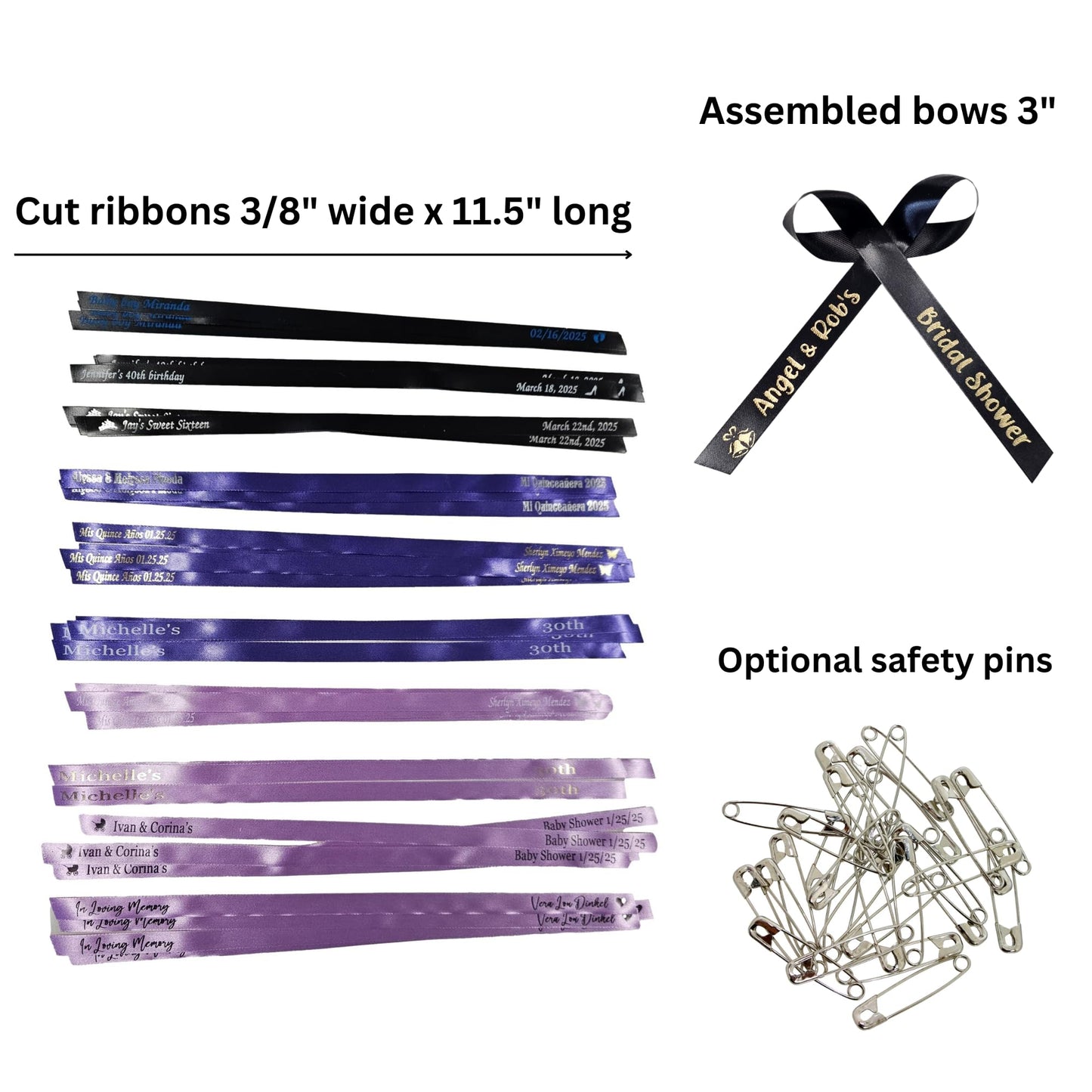 Personalized Ribbons for Bridal Shower Wedding Party Favors or Baby Showers - Custom Made Cut Ribbon Name 50 100 Optional Assembled Bows Safety Pins