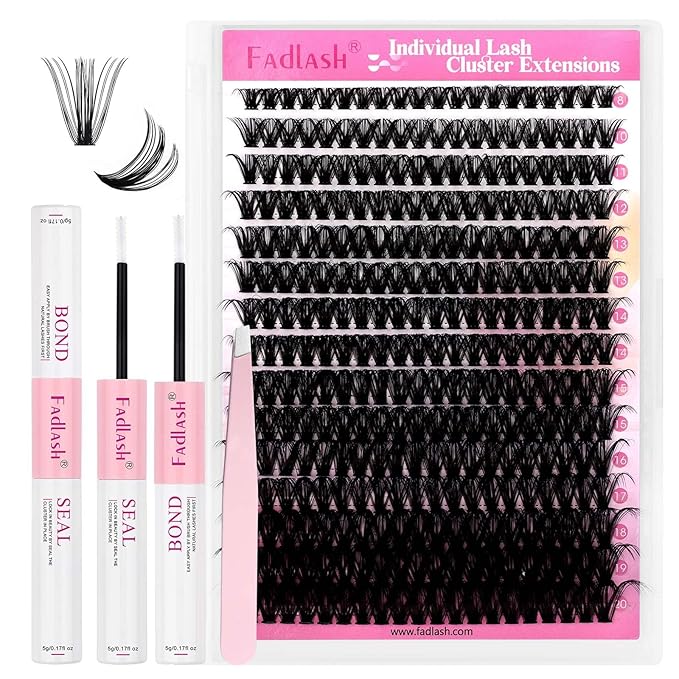 FADLASH Lash Extension Kit 50D Lash Clusters D Curl Lash Cluster Kit DIY Eyelash Extension Kit with Lash Bond and Seal Lash Tweezer Cluster Lashes (Kit, 50D-07D-Mix8-20)