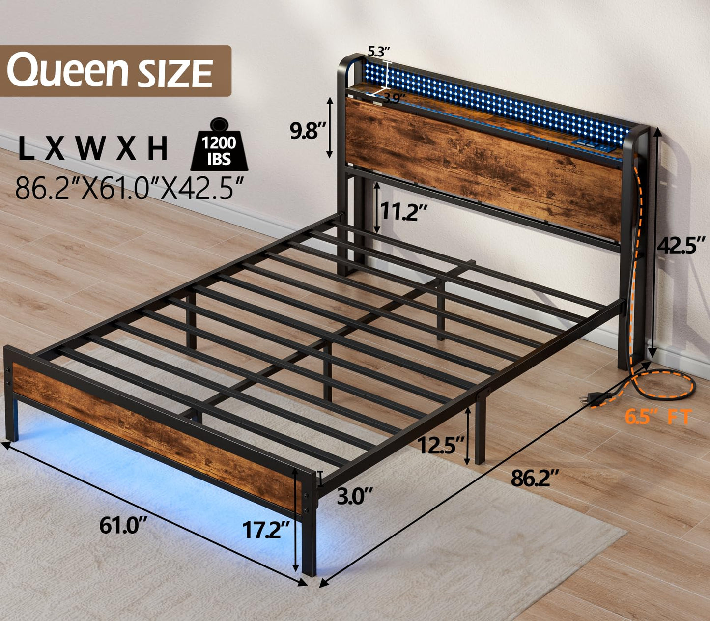 Furnulem Queen Bed Frame with Charging Station and LED Lights,Industrial Platform Beds Queen Size with Storage Headboard,USB Port,Rustic Wood and Strong Metal Support,No Box Spring Needed, Noise Free