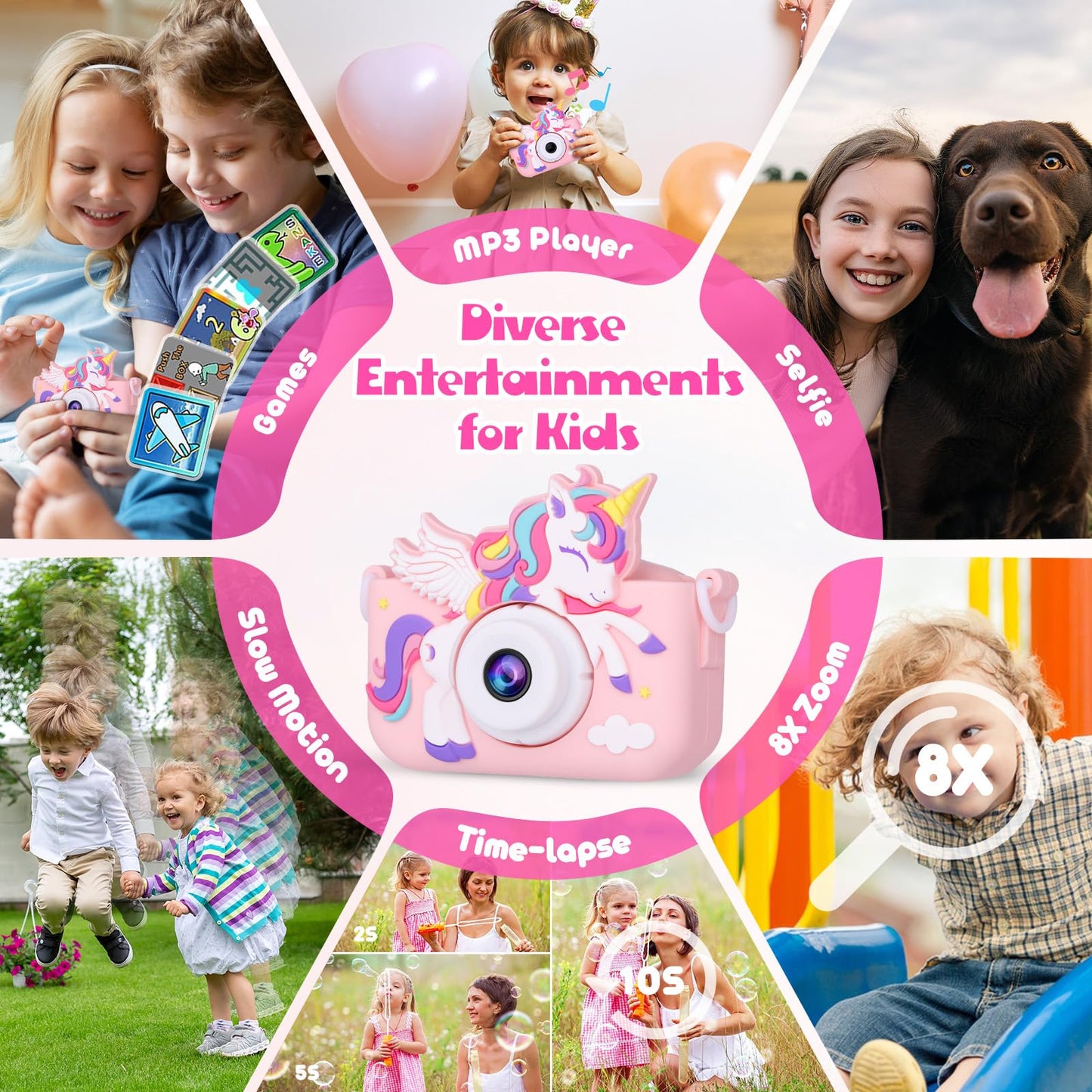 Kids Camera Unicorn Girl Toys, Digital Camera for Kids Age 3-8 Toddler Travel Toys, Birthday Gift for Girls 3 4 5 6 7 8 Year Old Christmas, HD 1080P Video Camera, 32G SD Card Included (Pink)