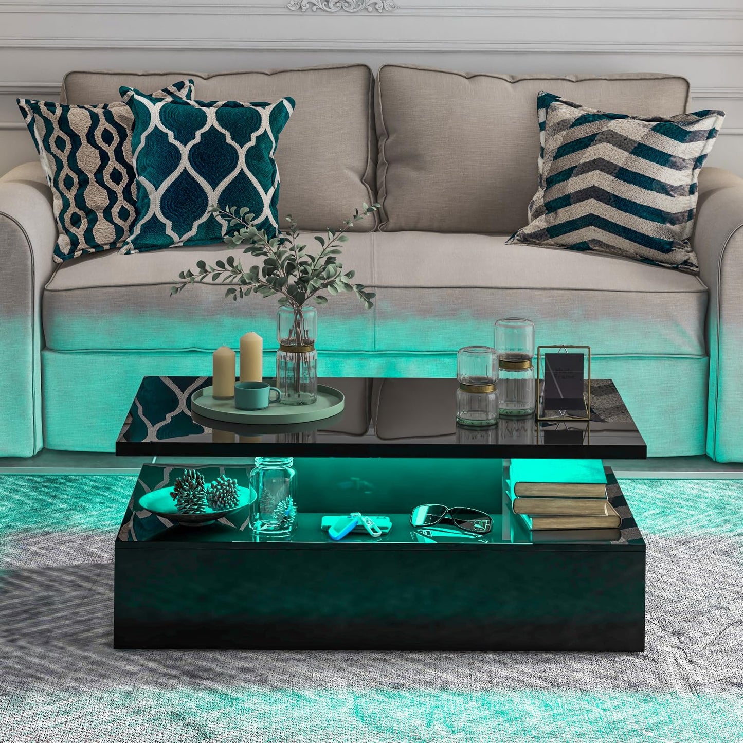 Tangkula LED Coffee Table, Modern High Gloss Coffee Table w/ 20-Color LED Lights, Adjustable Speed & Brightness, Remote Control, Open Shelf, 2-Tier Rectangle Living Room Center Table (Black)