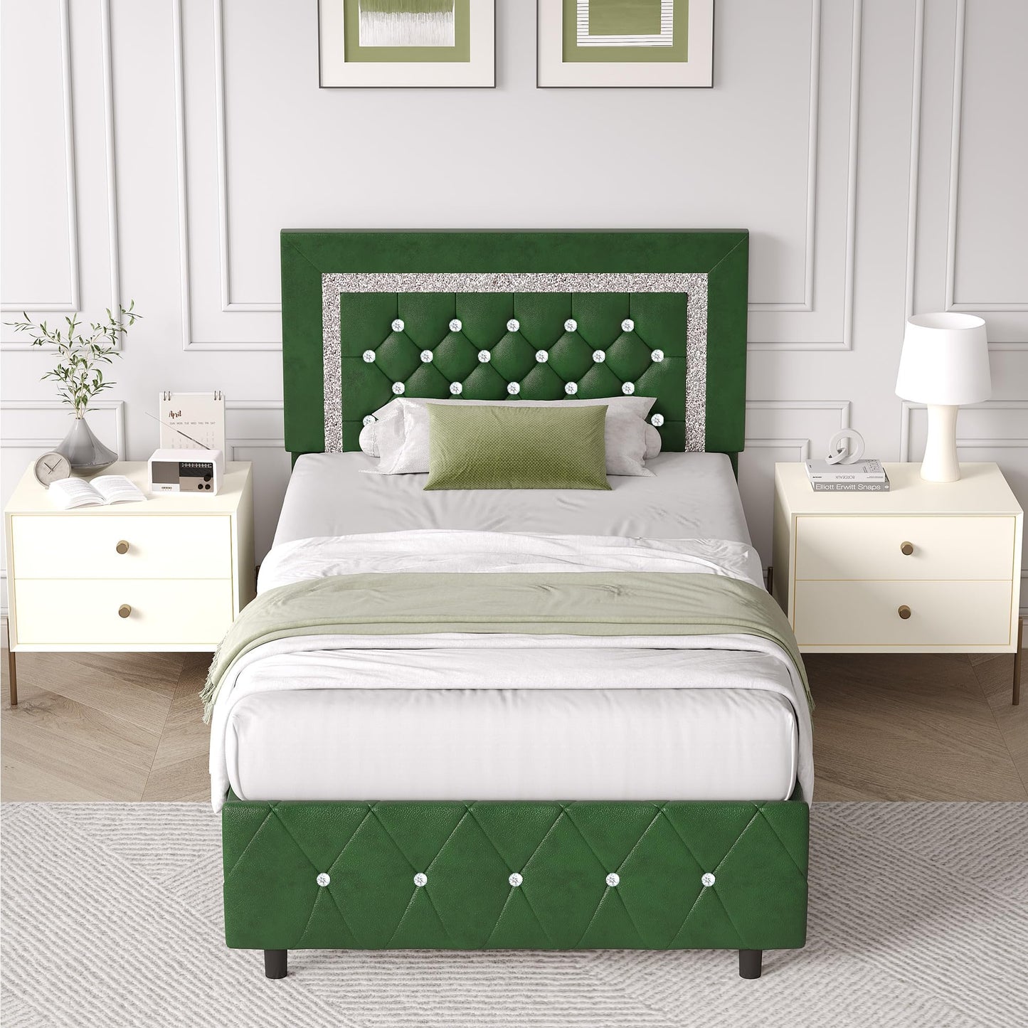 Twin Bed Frames with Headboard, Faux Leather Upholstered Bed with Diamond Tufted Design, Modern Platform Bed with Wooden Slats Support, No Box Spring Required, Easy Assembly, Green