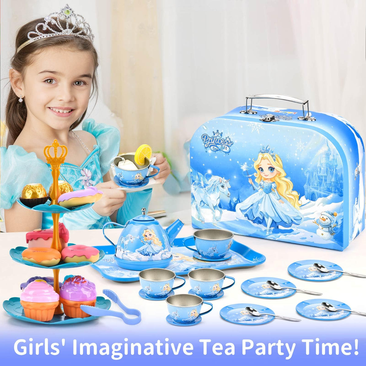 Amplov 43-Piece Princess Tea Set Playset for Kids – Pretend Play Kitchen Toy with Teapot, Desserts & Carrying Case | Toddler Tea Party Toys, Imaginative Role Play, Birthday Gift for Girls Ages 3-8