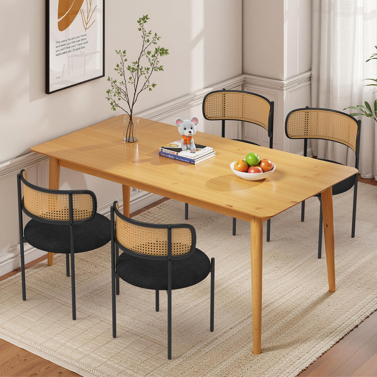 Osparple Mid Century Modern Dining Chairs Set of 4 with Rattan Backrest,Velvet Upholstered Accent Kitchen & Dining Room Chairs with Sturdy Metal Frame,Black