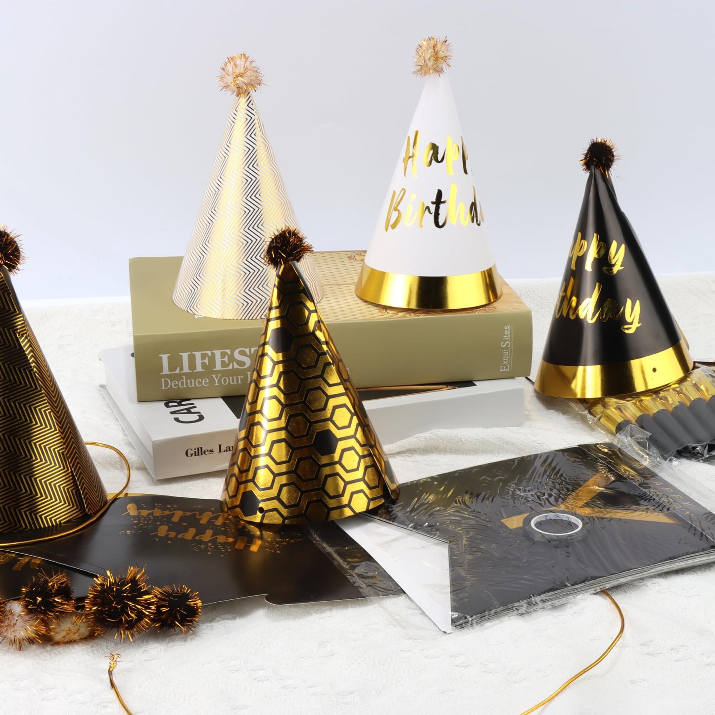 Exacoo 25Pcs Gold Birthday Cone Hat Set Includes 12 Gold Black White Party Hats for Adults 12 Gold Funny Noise Makers 1Pc Happy Birthday Banner Party Essentials Decorations Gorros de Cumpleaños