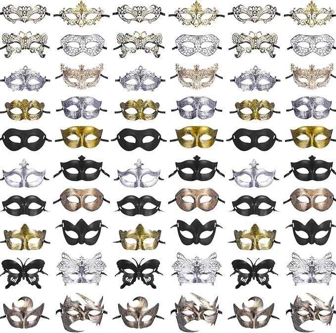 Chivao 60 Pcs Masquerade Masks for Women Men Couple Bulk Venetian Mask Vintage Antique Adult Face Halloween Costumes Party