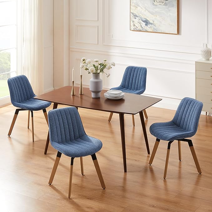 Art Leon Dining Chairs Set of 4, Mid Century Modern Swivel Dining Room Chairs, Fabric Upholstered Armless Side Chairs with Wood Legs for Kitchen Living Room Bedroom, Blue