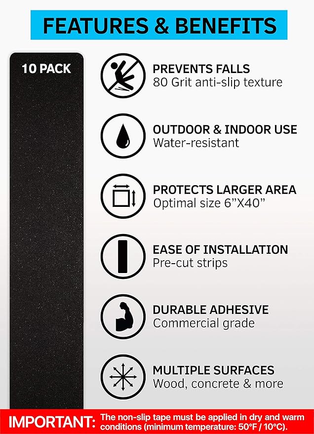 6"x40" Stair Treads Non-Slip Outdoor Tape - 10-Pack Black Anti-Slip Strips