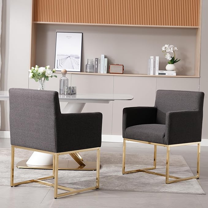 BESTANO Upholstered Dining Chairs with Armrest Set of 4 Mid Century Modern Accent Chairs Armchairs with Gold Metal Frame, Modern Kitchen & Dining Room Chairs, Charcoal