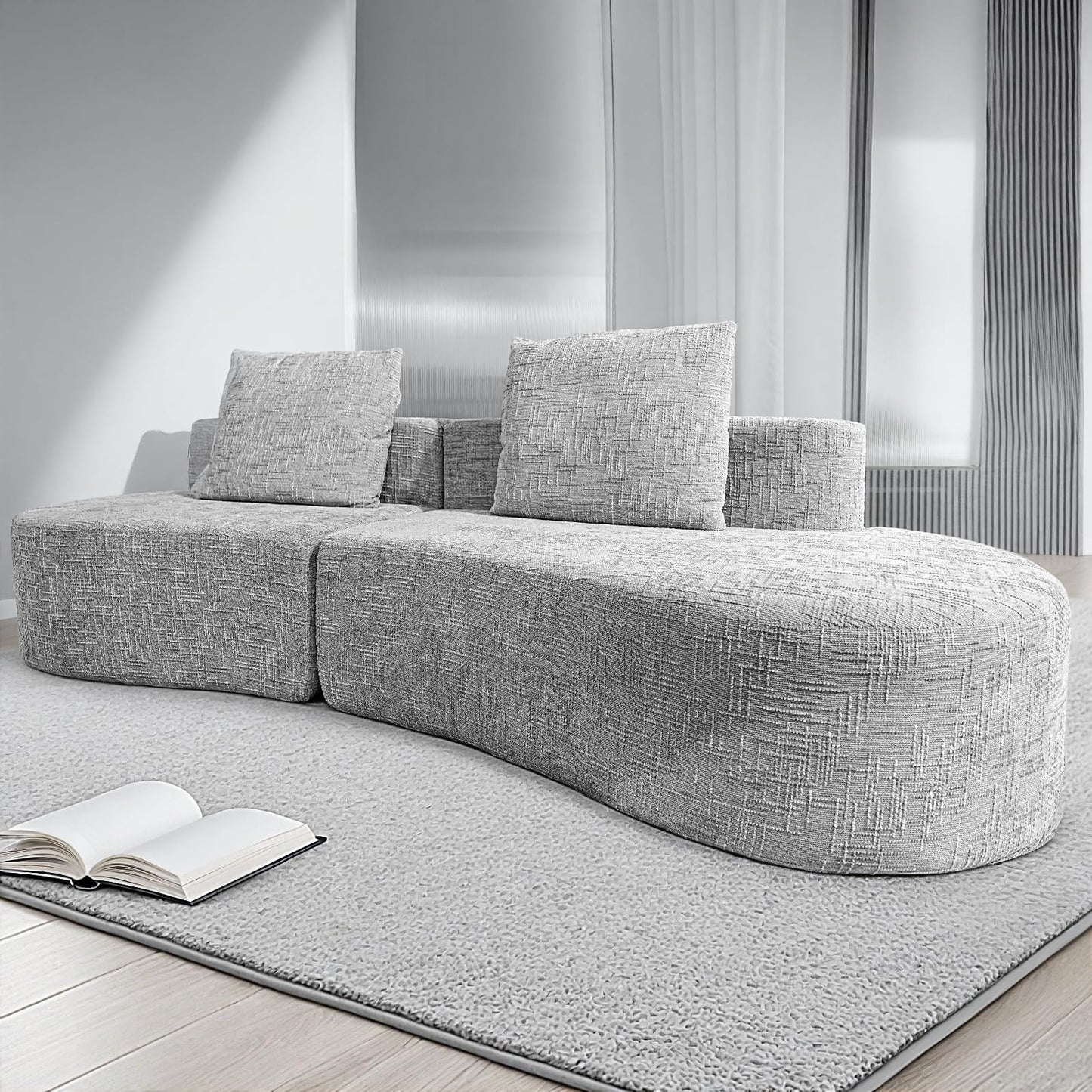 HOMRELEXA 98" Curved Sofa with Half Moon Design, Sofa Bed with 2 Throw Pillows & 4 Seaters for Living Room, Office & Apartment,No Assembly Needed(Light Grey)
