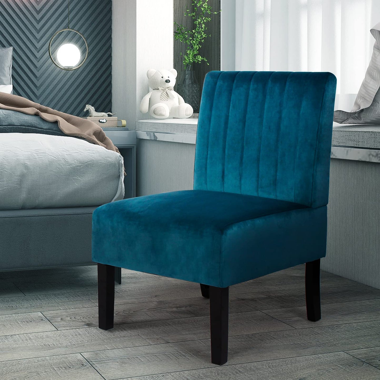 STHOUYN Mordern Velvet Armless Accent Chair Sofa Decorative Slipper Chair Vanity Chair for Bedroom Desk, Corner Side Chair Living Room Furniture Blue