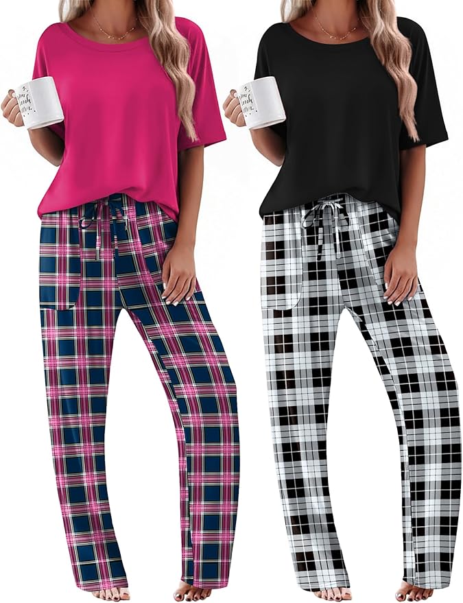 Ekouaer 2 Pack Womens Pajama Sets Short Sleeve Tops and Long Pants Casual Comfy Pjs Lounge Set with Pockets,S-XXL
