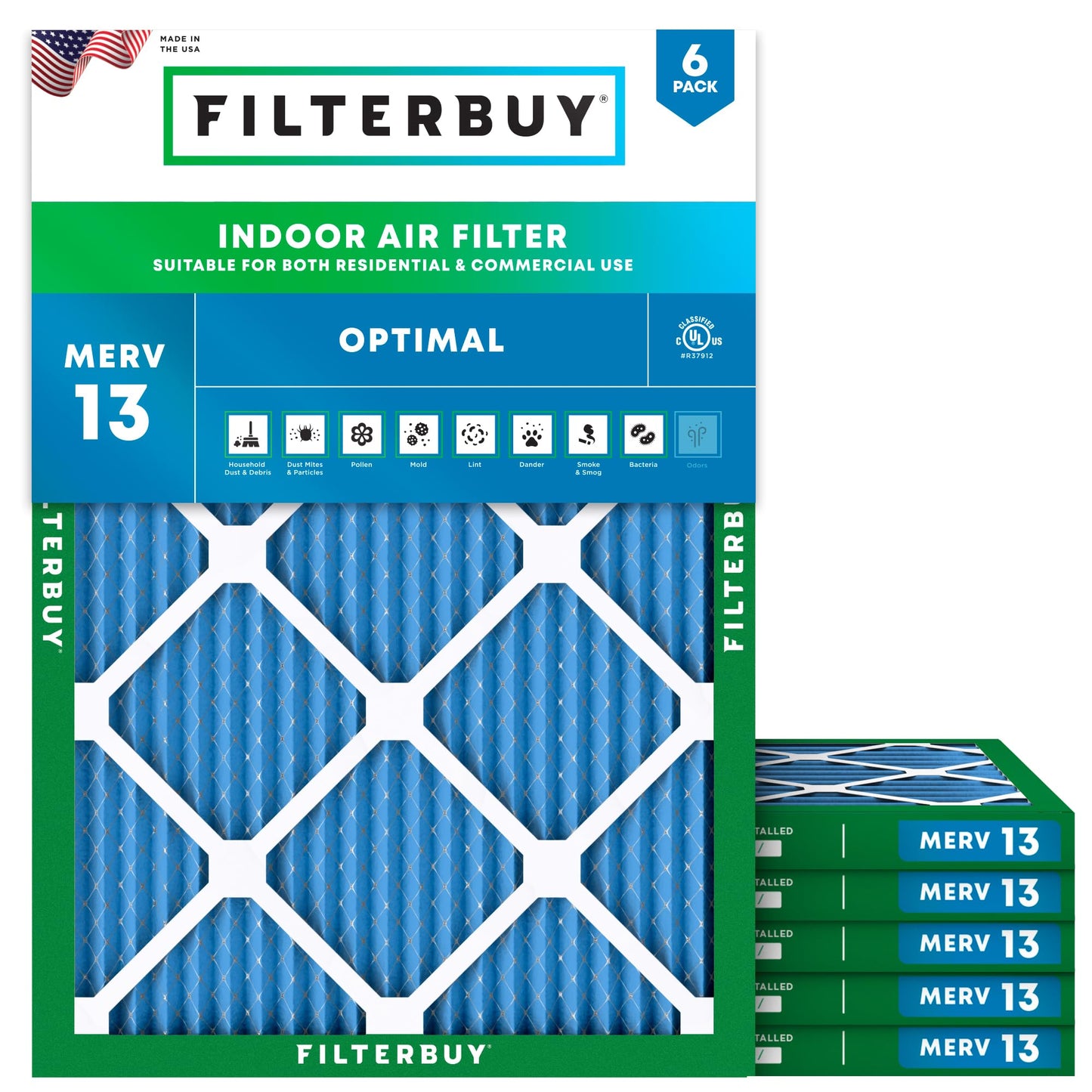 Filterbuy 15x19x1 Air Filter MERV 13 Optimal Smoke & Allergy Defense (6-Pack), Electrostatic Pleated HVAC AC Furnace Filters Replacement, Made in USA (Actual Size: 15.00 x 19.00 x 0.75)