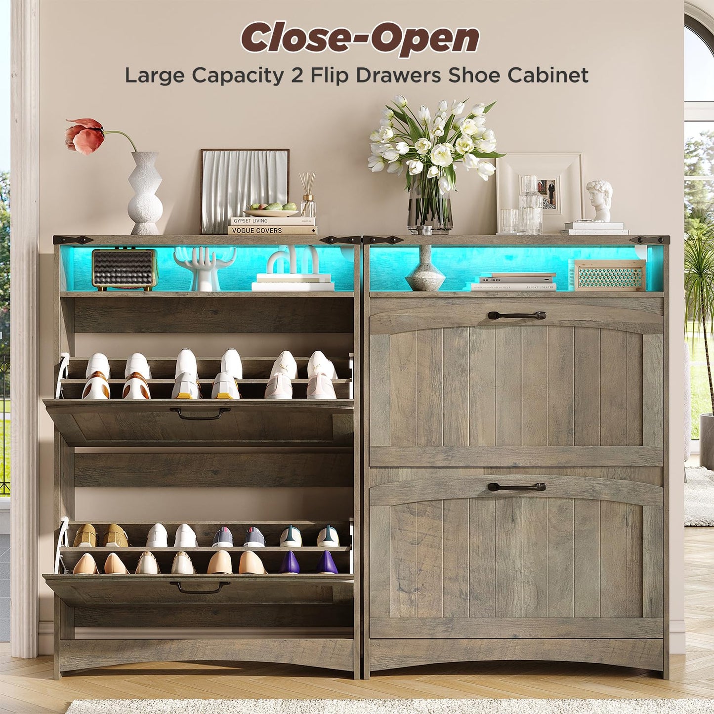 Maupvit Shoe Storage Cabinet with 2 Flip Drawers & Open Storage & RGB Lights, Narrow Shoe Rack Organizer Cabinets, Slim Shoe Cabinet for Entryway, Entrance, Hallway, Foyer, Rustic Grey