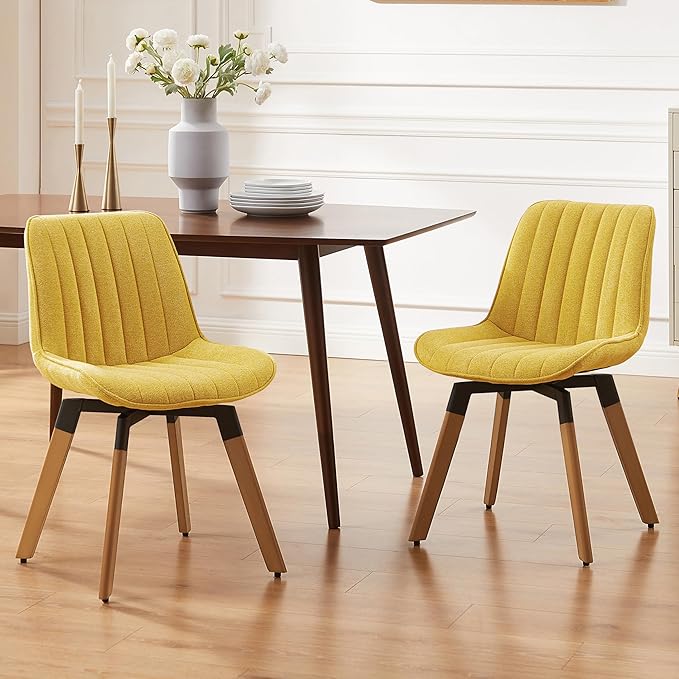 Art Leon Swivel Dining Chairs Set of 2, Mid Century Modern Kitchen Dining Room Chairs, Upholstered Fabric Armless Side Chair with Wood Legs for Living Room Bedroom, Yellow