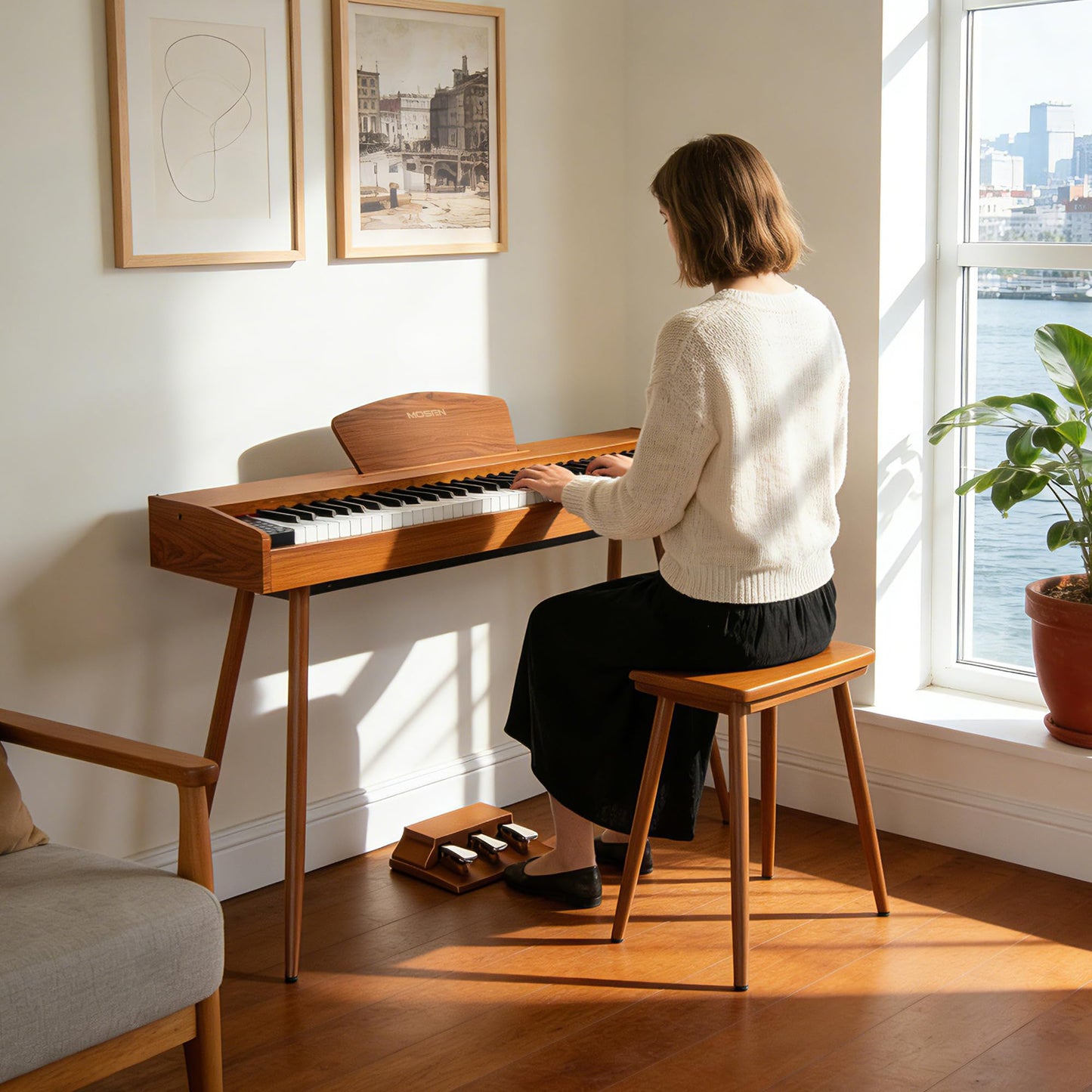 MOSEN Digital Piano, 88 Key Weighted Keyboard, Progressive Hammer Action, Electric Piano for Beginner, 128 Voices, 3-Pedal, Music Stand, Recording, USB-MIDI MP3 Connecting, MDP-88N, Wood Brown
