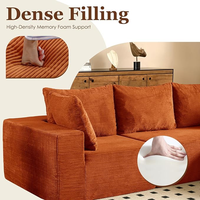 INGEROOM 108" Cloud Sectional Couch with Deep Seat, Modular Sofa Memory Foam, Boneless Sofa with Movable Ottoman, Upholstered Couches for Living Room Bedroom, No Assembly Required, Orange