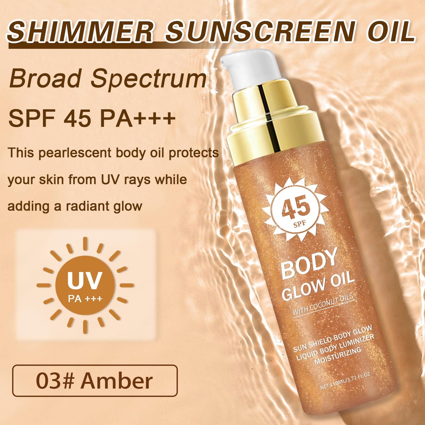 LZXLUKGIR Shimmer Sunscreen,SPF 45 Broad Spectrum,Body Shimmer Oil with Gold Mica,Moisturizing Coconut,Water Resistant Body Glow