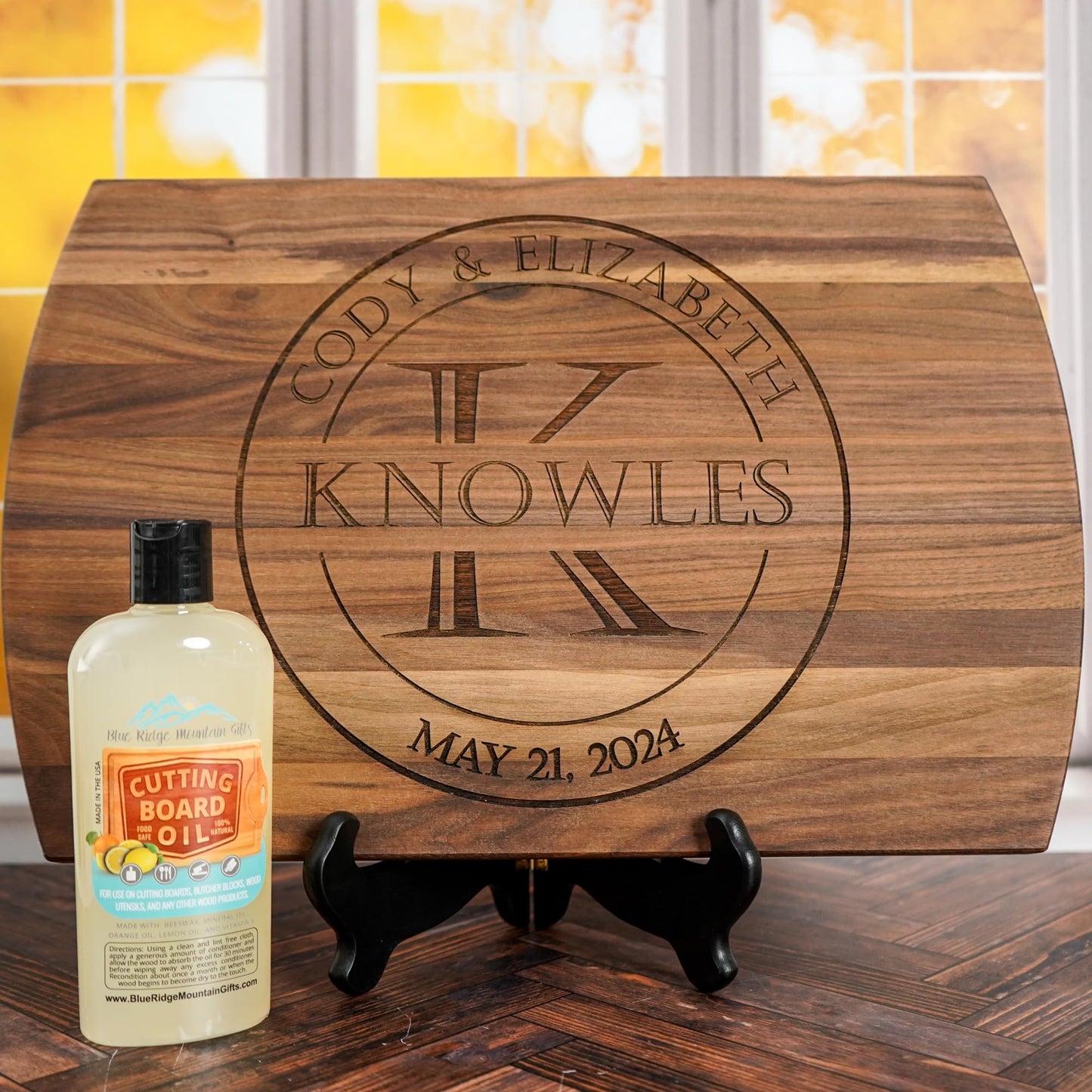 Blue Ridge Mountain Gifts - Personalized Wood Cutting Board with Gift Box, Stand, and Oil Included Laser Engraved Anniversary or Wedding Gift for Her Birthday Mom Dad Present