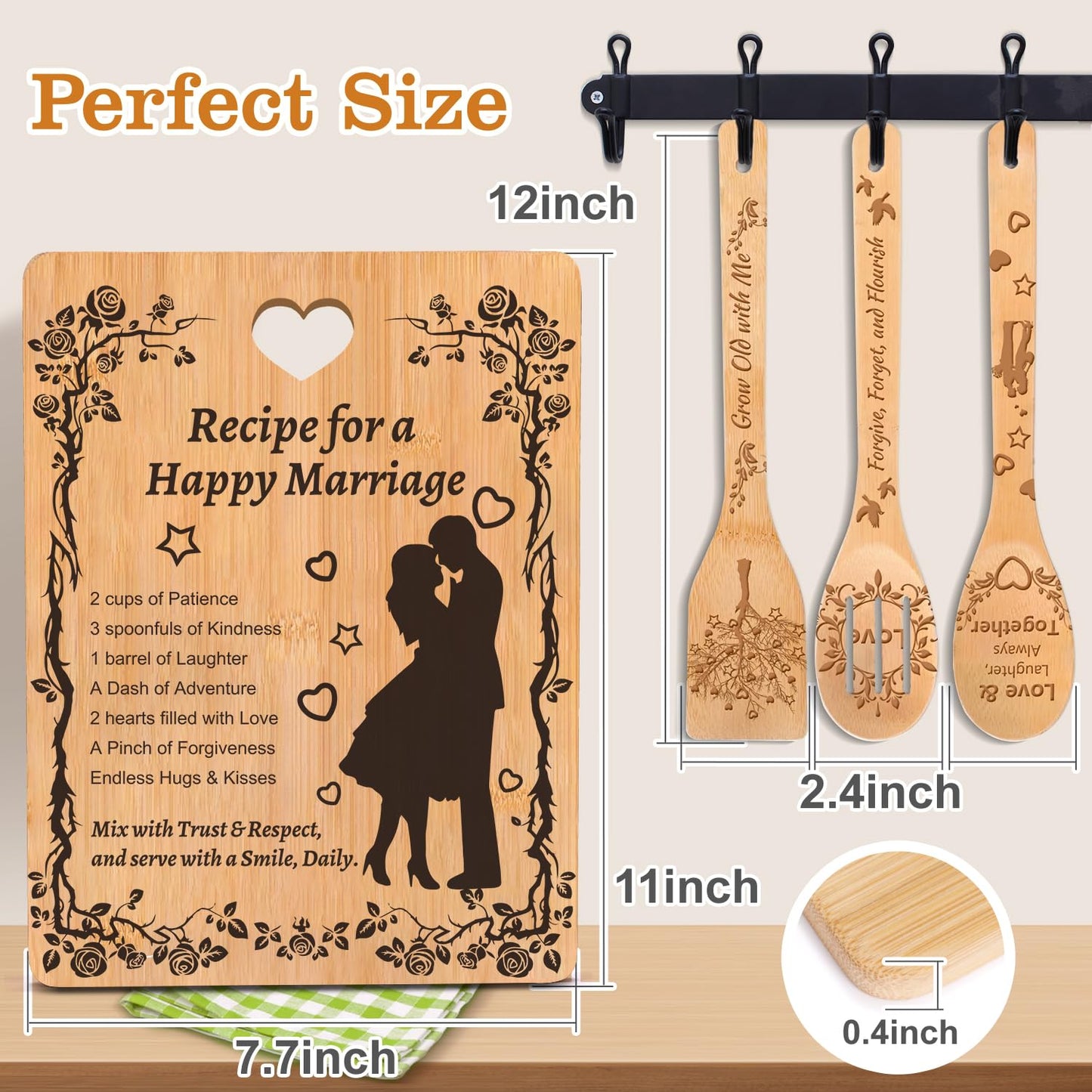 Bridal Shower & Engagement Gift for Couples 2025: Bamboo Cutting Board Set with Engraved Kitchen Utensils, Personalized Wedding Gifts for Bride and Groom - Newlyweds Housewarming Recipe Design