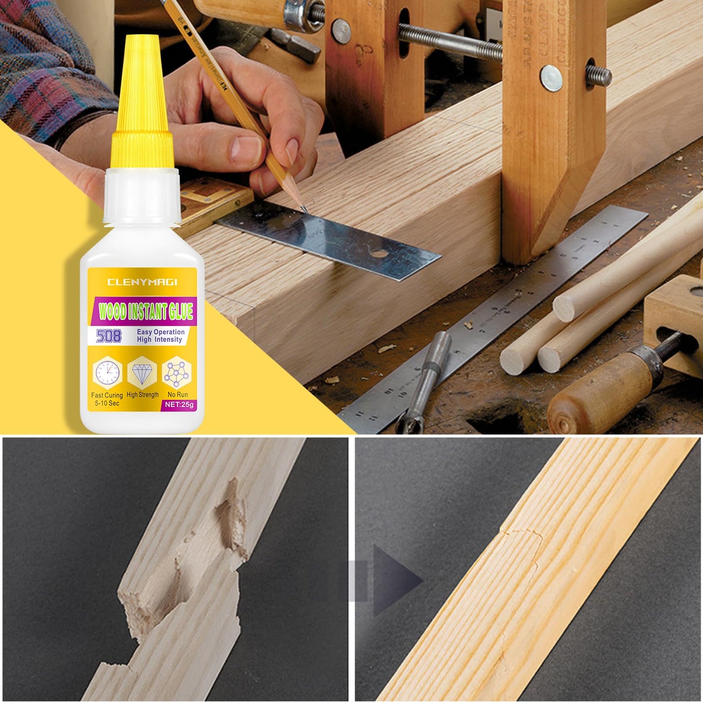 ClenyMagi Wood Glue, High Strength Fast Drying Clear Wood Glue for Furniture Heavy Duty, Woodworking, Garden, Crafts, DIY, Waterproof, Heat Resistant Tacky Adhesive (1 Bottle of 25g)