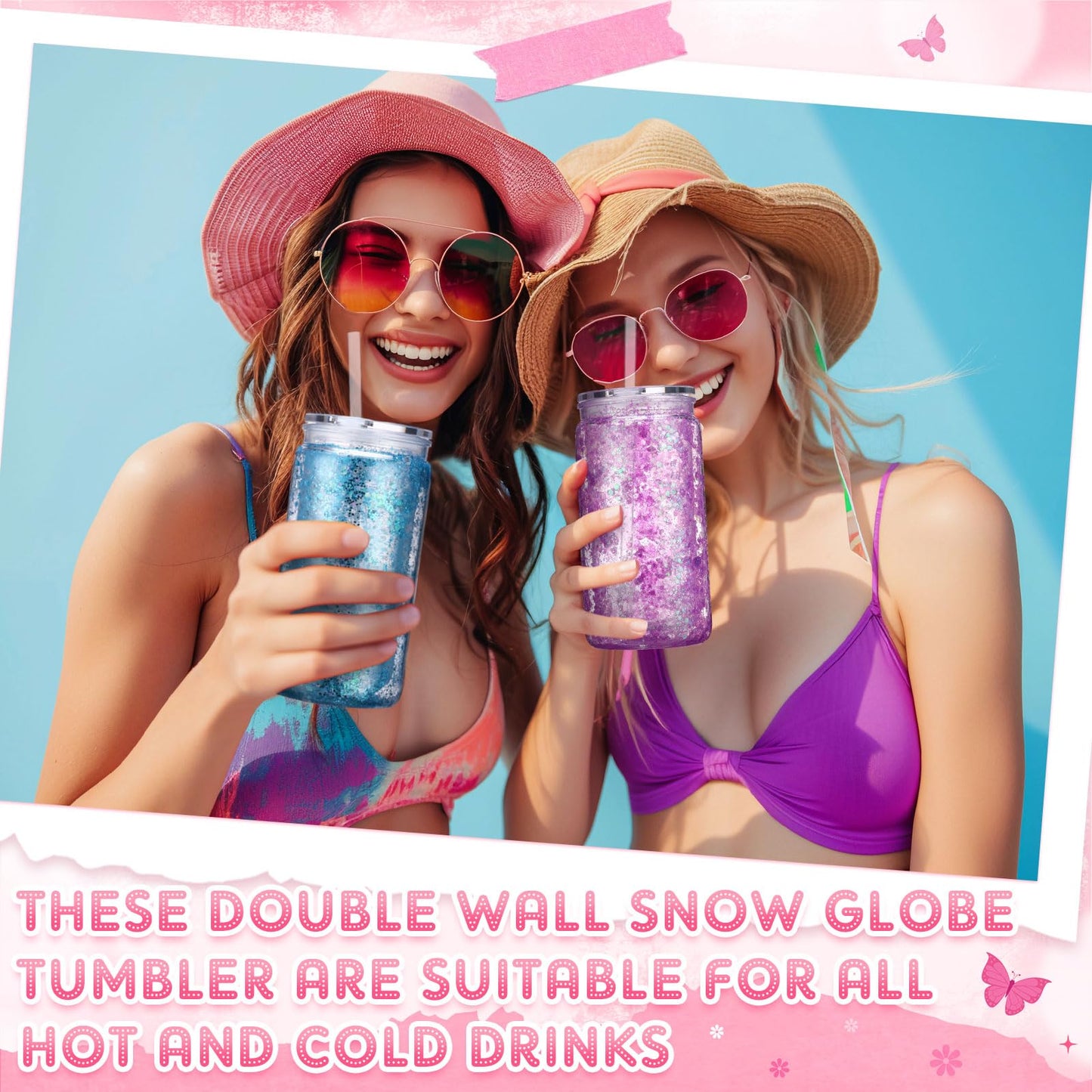 Teenyyou 6 Pack Plastic Snow Globe Tumbler 16 Oz Pre Drilled Double Wall Clear Cups with Lid and Straw Squeeze Bottle Funnel Tweezer Bent Syringe for Glitter Snow Globe DIY Cup Making Supplies