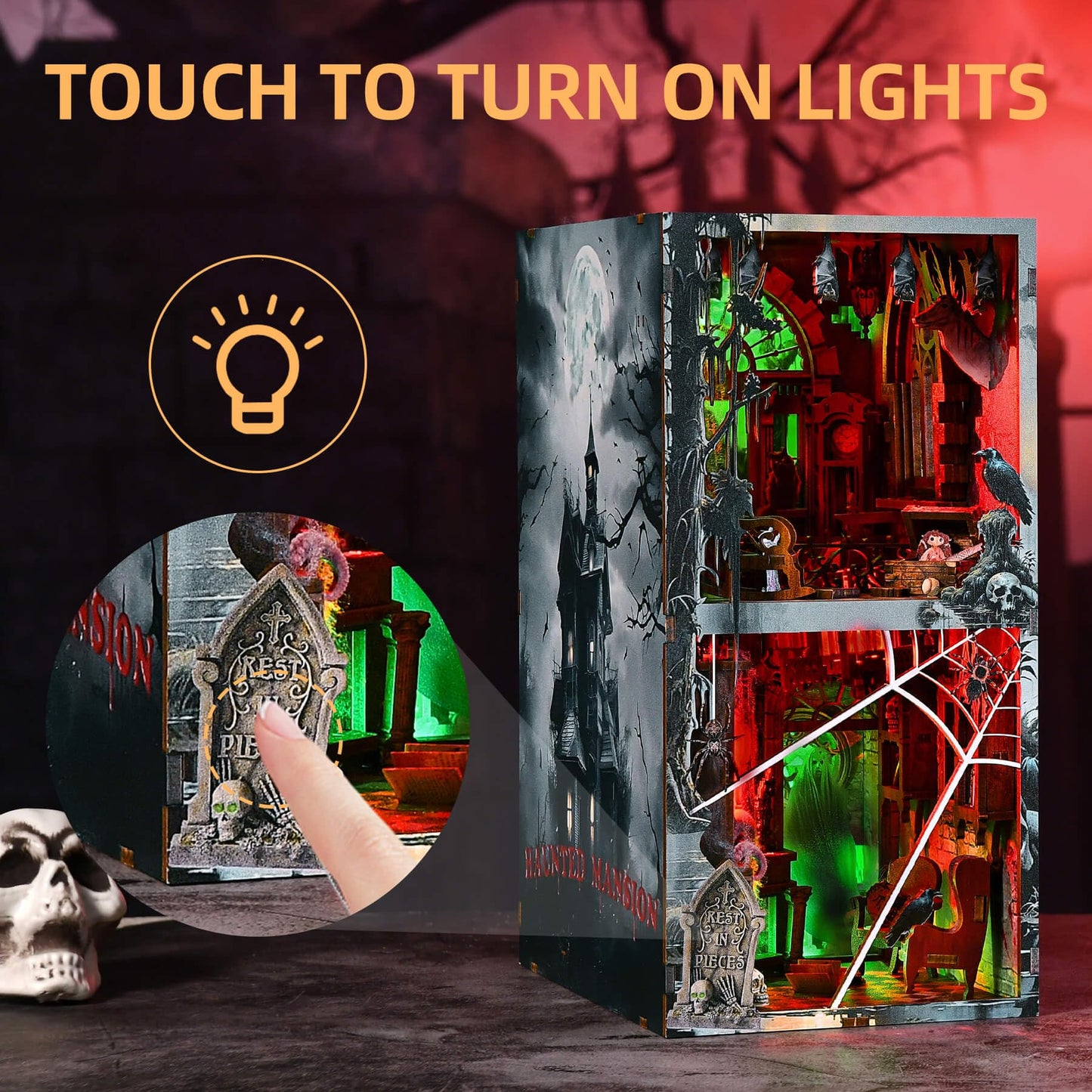 fifijoy Haunted Horror Book Nook Kit, DIY Miniature Dollhouse Halloween Booknook Kit, Spooky Creepy Scary 3D Wooden Puzzle Bookend Bookshelf Insert Decor with LED Light (Haunted Mansion)
