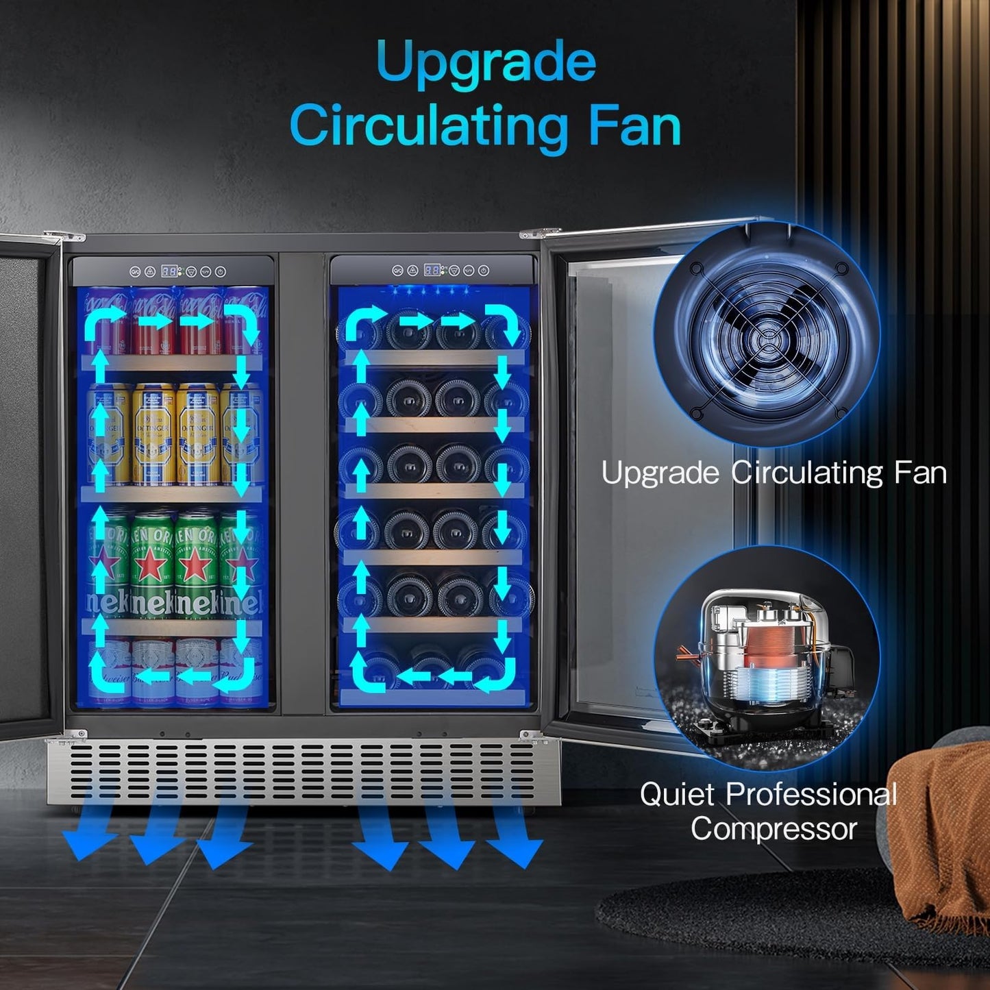 AAOBOSI 30 Inch Dual Zone Wine and Beverage Cooler,28 Bottles & 110 Cans Wine Fridge,Built-in and Freestanding,Removable Fashion Wooden Frame,Intelligent Digital Temperatrue Control,Low Noise