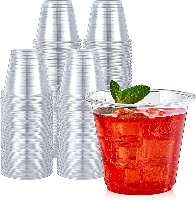 Turbo Bee 100 Pack 9oz Clear Plastic Cups,Disposable Crystal Drinking Cups,PET Plastic Party Cups for Wine,Juice,Iced Coff...