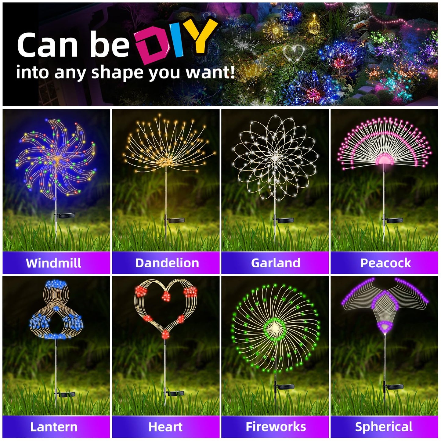 YOTOZU 4 PCS Solar Firework Light, Outdoor Solar Garden Decorative Lights 120 LED Powered 40 Copper Wires String DIY Landscape Light for Walkway Pathway Backyard Decoration Parties Perfect Gifts(Pink)