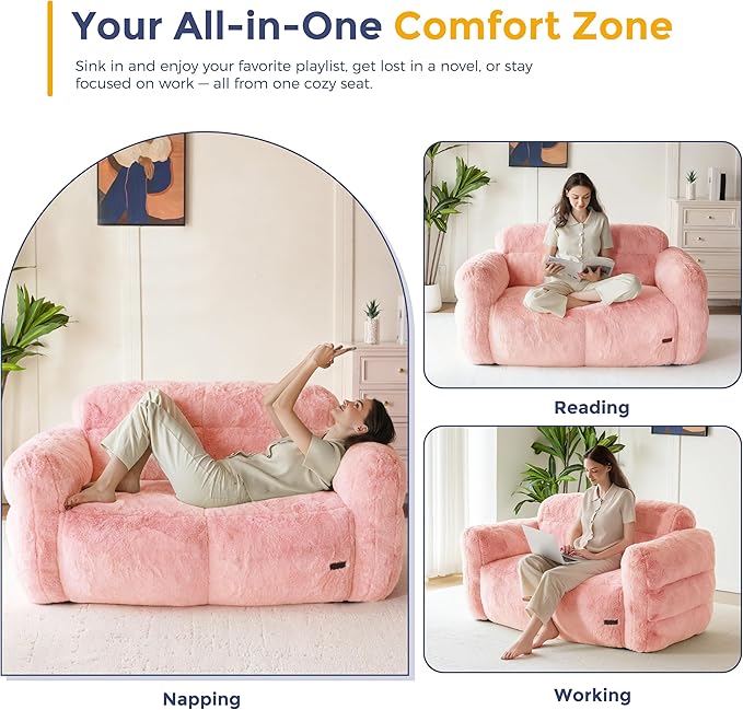 MAXYOYO Giant Bean Bag Chair for Adults, Ultra Soft Fluffy Loveseat Bean Bag Sofa, Oversized Floor Sofa for Living Room Bedroom, Cozy Reading Chair with Filler, Pink