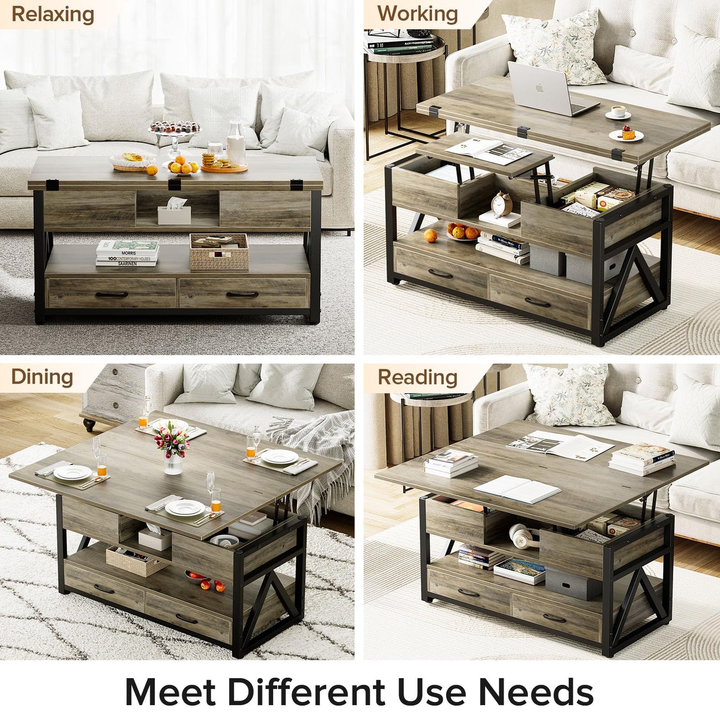 Memobarco 40" Lift Top Coffee Table,4 in 1 Multi-Function Lift Coffee Tables with Storage Drawers and Hidden Compartmen,Farmhouse Coffee Table with Lifting top for Living Room,Grey