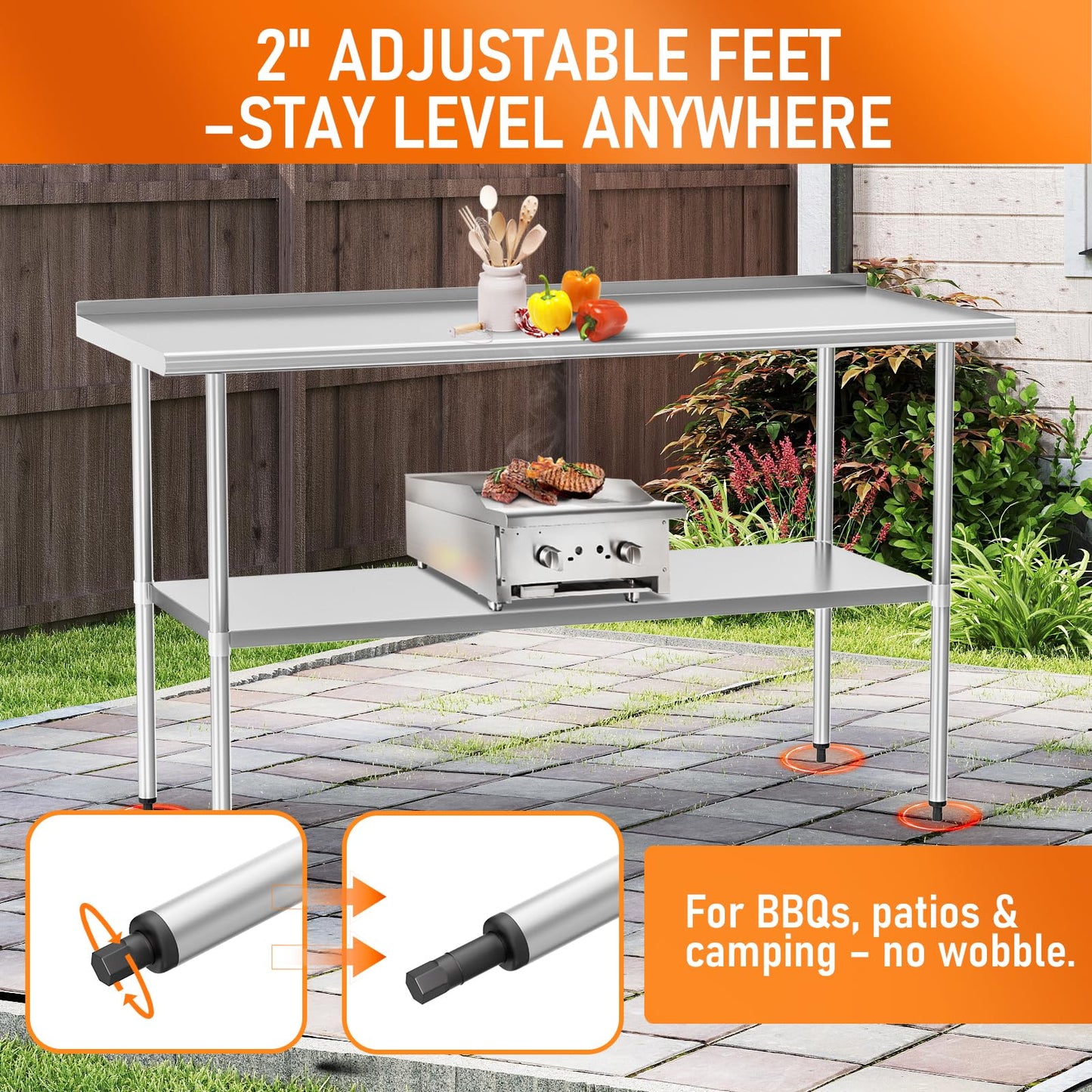 HOCCOT Stainless Steel Table 30" x 60" with Adjustable Undershelf and Backsplash, Commercial Metal Workstations for Kitchen, Garage, Outdoor BBQ