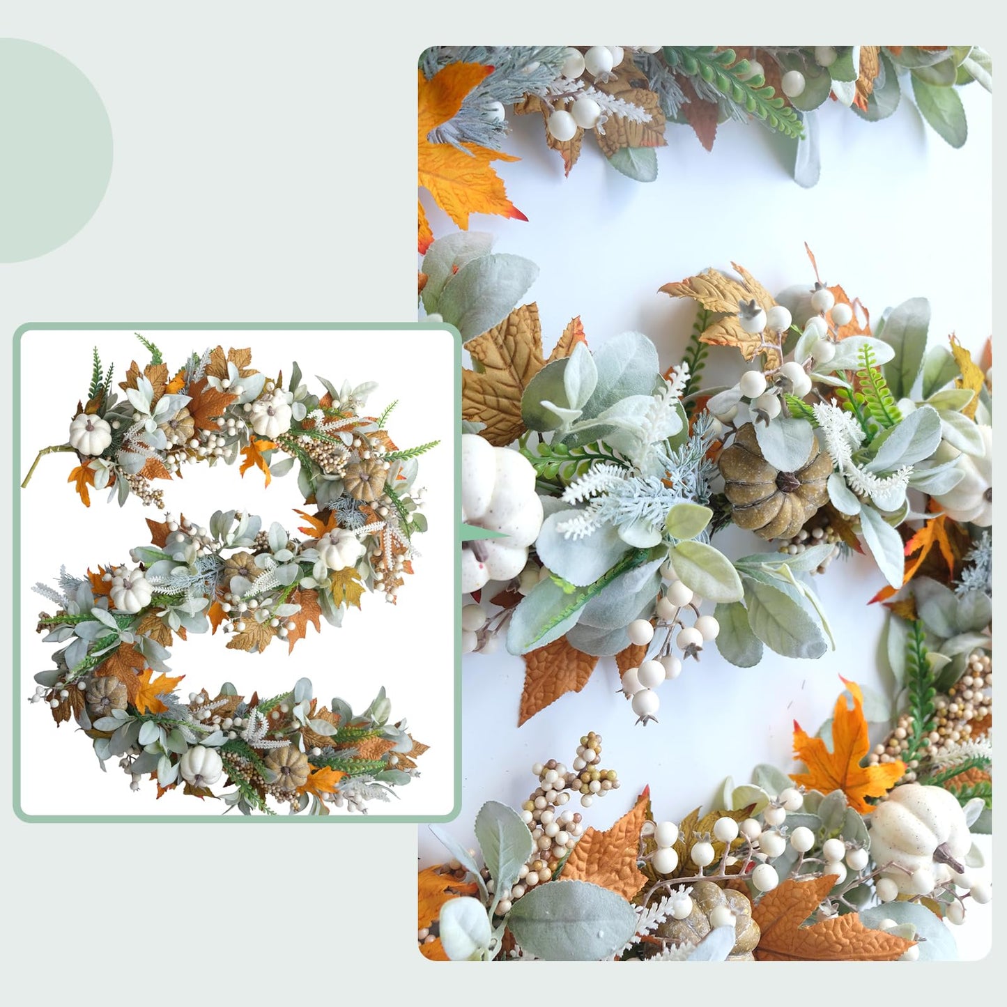 CIR OASES Thanksgiving Fall Wreath, Eucalyptus Berries Pumpkins Lamb Ears Leaves Autumn Wreaths for Front Door, Fall Decor, Porch Wall, Home Outdoor Holiday Decorations (Pumpkin Garland)