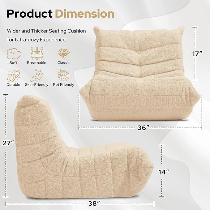 HABUTWAY Bean Bag Chairs Fireside Lazy Floor Sofa, Soft Teddy Fleece Bean Bag Sofa with High-Resilience Foam Filling，Beanbag for Living Room, Bedroom, Office (Khaki Teddy)