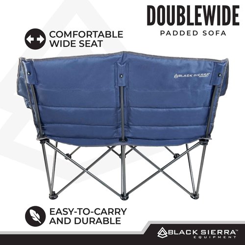 Black Sierra Double Padded Folding Camping Chair, Oversized Folding Camp Sofa, Portable Outdoor Loveseat Supports 500 lbs, Perfect for Beach, Tailgating, RV, Sports, Patio