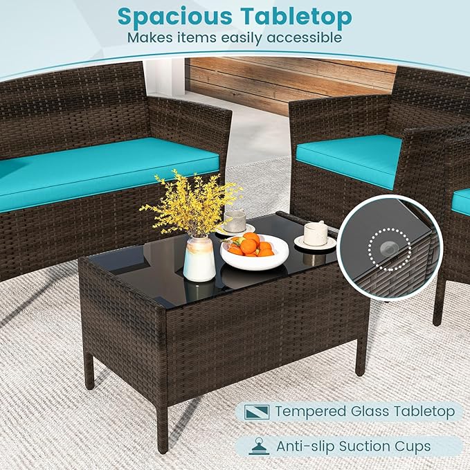 HAPPYGRILL 8 Pieces Outdoor Rattan Conversation Set, Patio Wicker Furniture Set with Loveseat Chairs & Tempered Glass Coffee Table, Outside Sectional Sofa Set for Backyard, Garden, Poolside