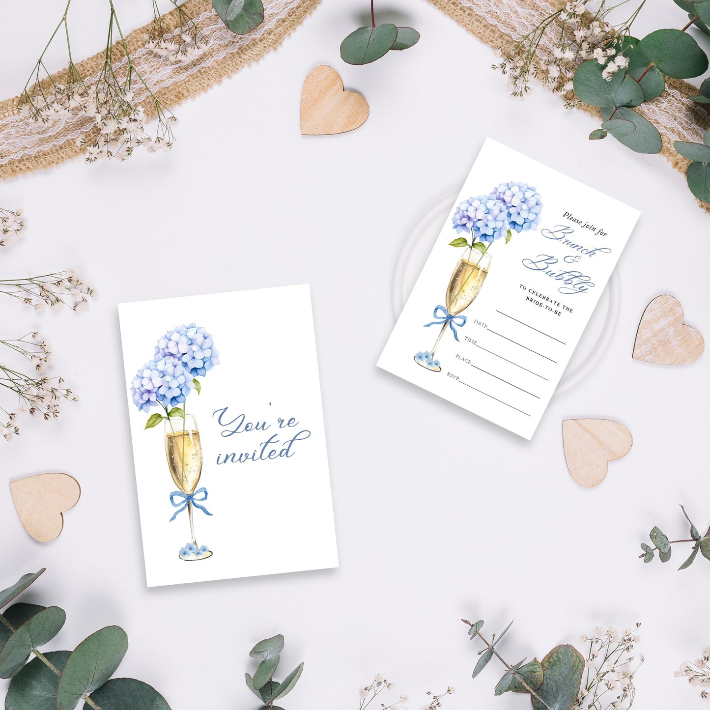 Blue Hydrangea Bridal Shower Invitations -Brunch & Bubbly - 25 Champagne Bridal Shower Invites With Envelopes For Newlyweds, Bride-To-Be, Wedding Reception, Engagement Party Favors & Decorations- 07