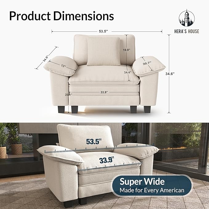 HERA'S HOUSE 54" Modular Sectional Sofa Couches for Living Room, Comfy Cloud Couch 1-Seater Deep Seat Sofa with Throw Pillow, Chenille Beige