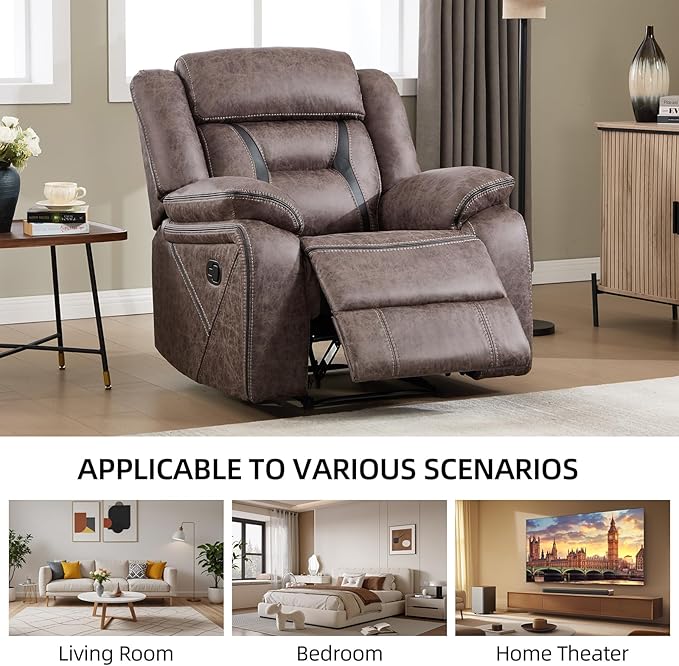 EBELLO Faux Leather Manual Recliner Chair, Modern Design Single Reclining Sofa Chair with Comfortable Armrest and Backrest, Furniture for Living Room, Bedroom, Grey